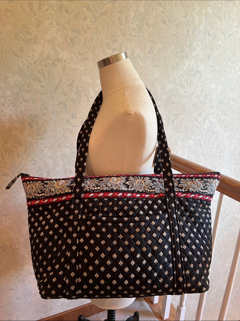 Vera Bradley Black Quilted Floral Trim Weekender Bag with Red Accent